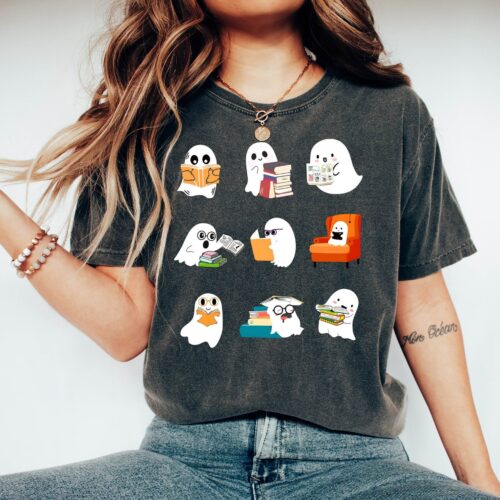 Comfort Colors® Cute Ghost Book Lover Shirt Halloween Spooky Books Graphic Tee Fall Vibes image 0