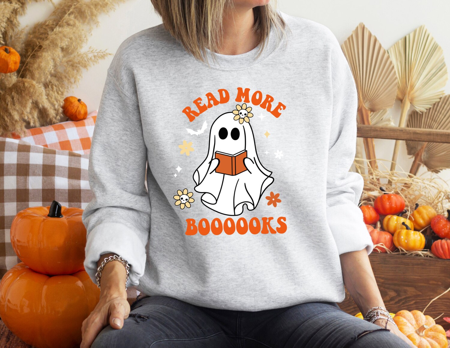 Ghost Reading Books Sweatshirt Bookish Halloween Sweater Funny Librarian Shirt Ghost Crewneck image 6