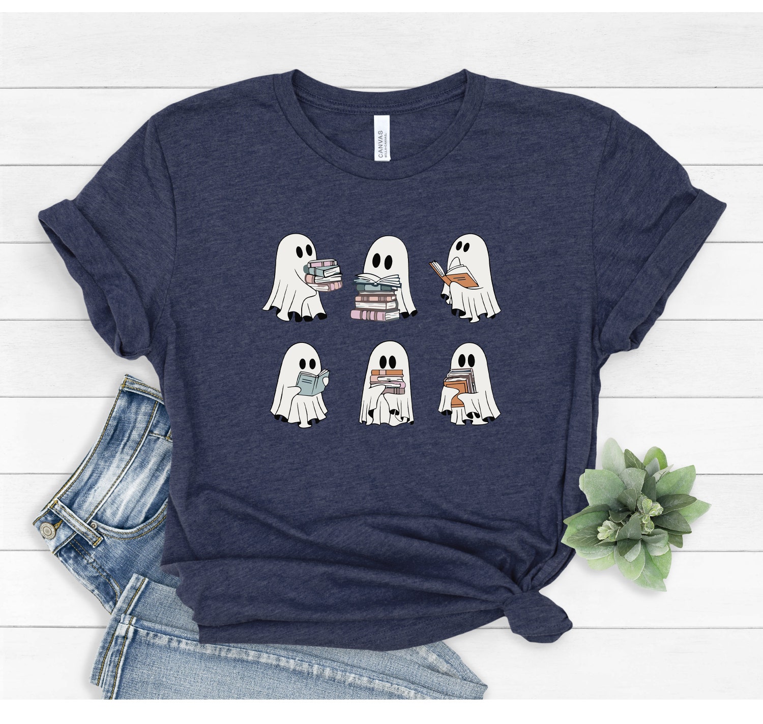 Halloween Cute Ghosts Reading Books Shirt Family Halloween Shirt Book Lover Halloween Tee image 1