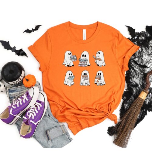 Halloween Cute Ghosts Reading Books Shirt Family Halloween Shirt Book Lover Halloween Tee image 0