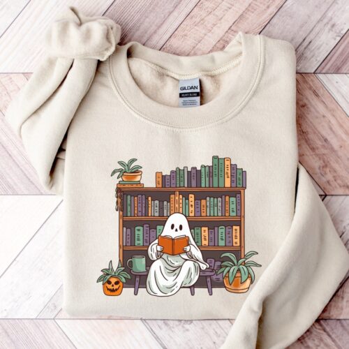 Librarian Ghost Halloween Sweatshirt Teacher Reading Books Shirt Halloween Teacher Gift image 0