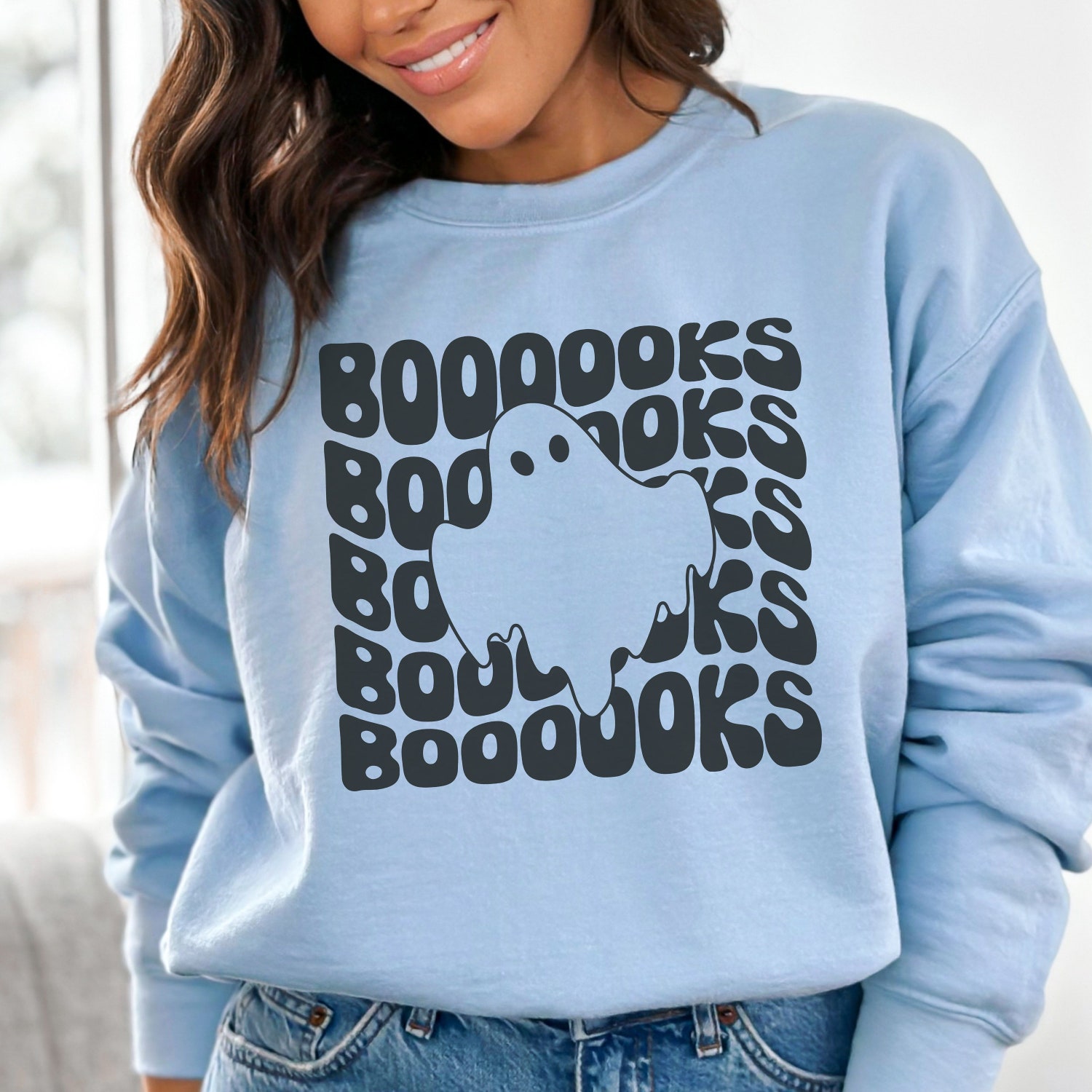 Teacher Halloween Sweatshirt Bookish Ghost Librarian Sweater Read More Books Fall Crewneck image 2