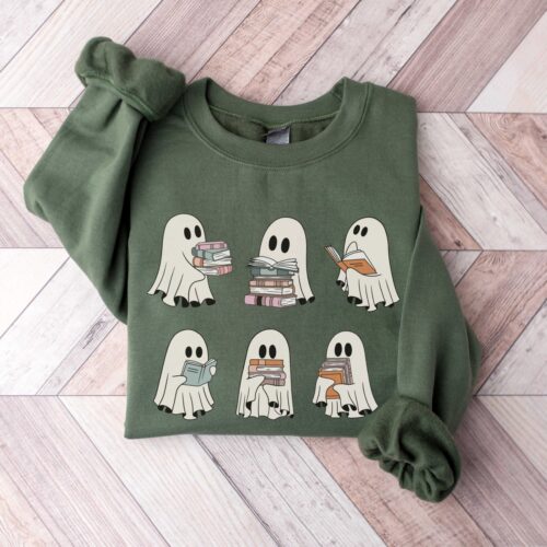 Ghost Reading Books Halloween Sweatshirt Bookish Teacher Gift Librarian Crewneck Read More Books Sweater image 0