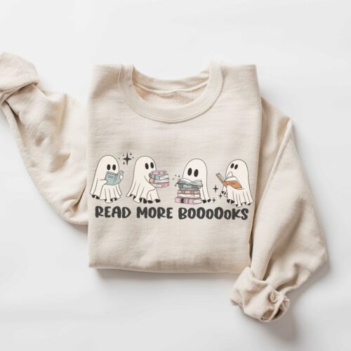 Ghost Reading Books Halloween Sweatshirt Funny Librarian Crewneck Bookish Sweater image 0