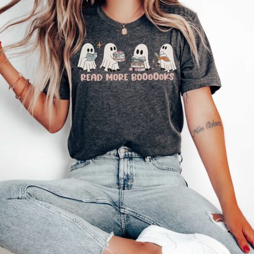 Retro Read More Books Spooky Teacher Halloween Shirt Cute Ghost Fall Teacher Tshirt image 0