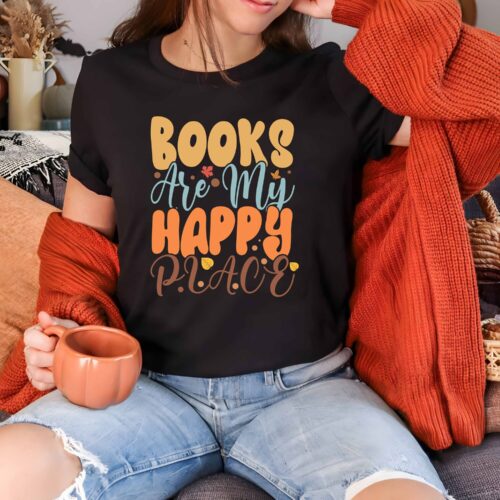 Book Lover Shirt Books Are My Happy Place Bookworm Librarian Gift Reading Club Tee image 0