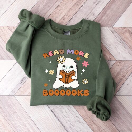 Halloween Ghosts Reading Books Sweatshirt Teacher Book Lovers Bookworm Gift Shirt image 0