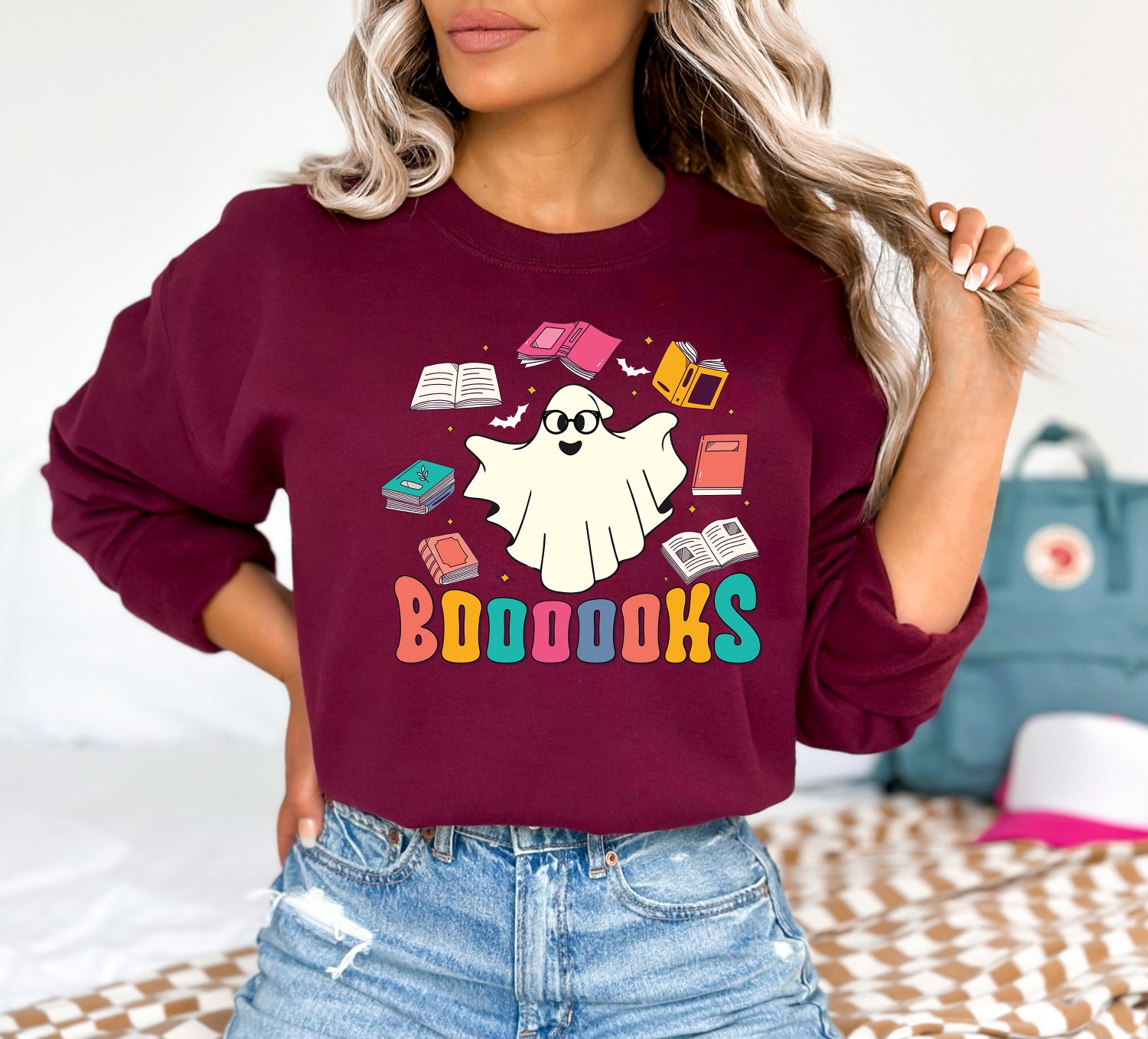 Cute Halloween Ghost Sweatshirt for Teachers and Book Lovers Reading Books Shirt Bookworm Gift image 2