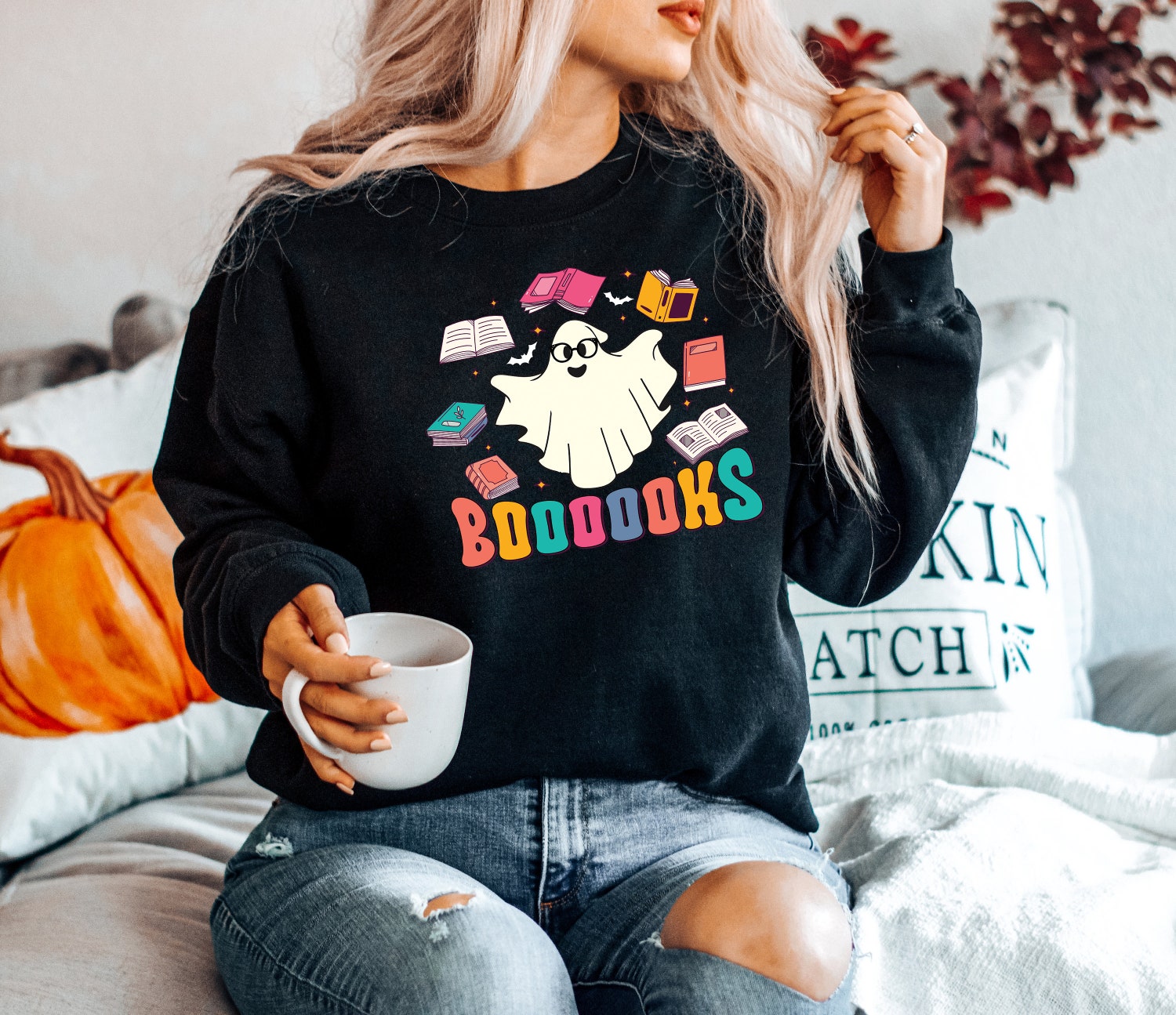 Cute Halloween Ghost Sweatshirt for Teachers and Book Lovers Reading Books Shirt Bookworm Gift image 3