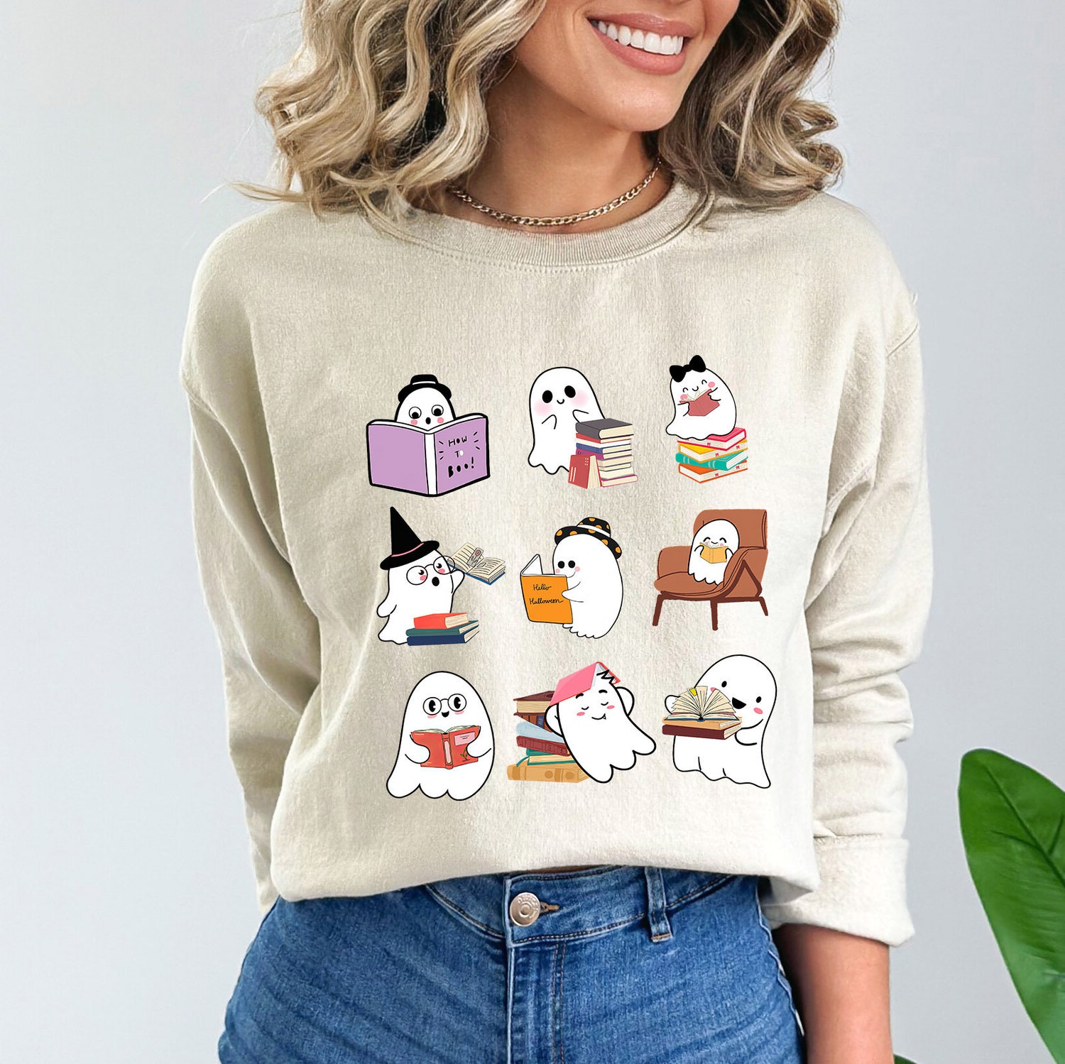 Cute Ghost Sweatshirt Halloween Teacher Shirt Book Lovers Gift Ghost Reading Books Tee image 1