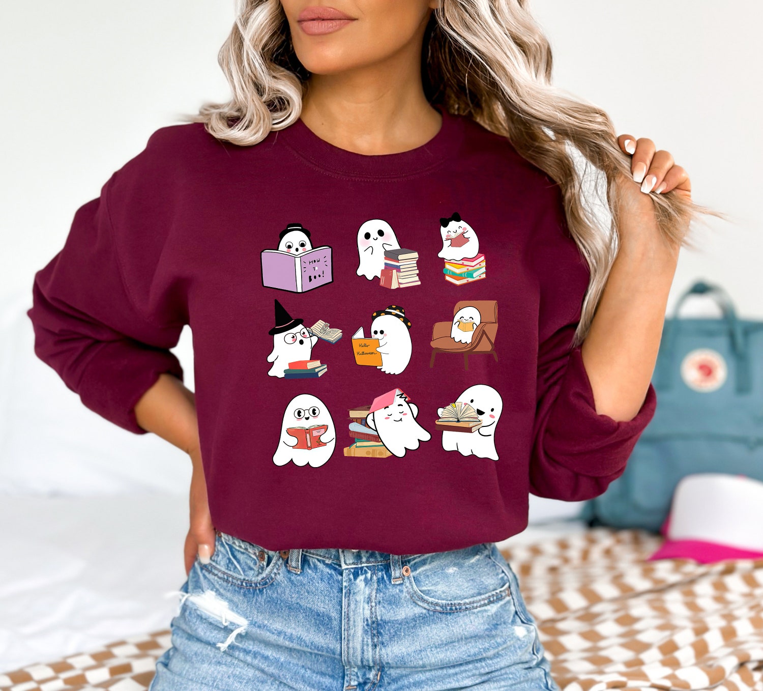 Cute Ghost Sweatshirt Halloween Teacher Shirt Book Lovers Gift Ghost Reading Books Tee image 3