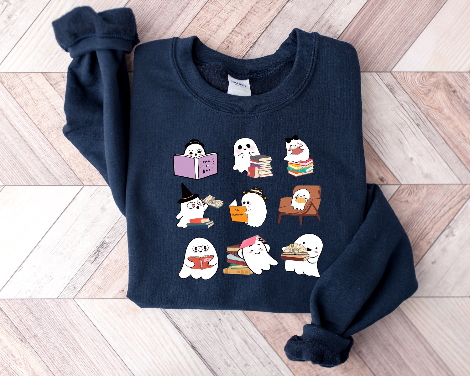 Cute Ghost Sweatshirt Halloween Teacher Shirt Book Lovers Gift Ghost Reading Books Tee image 4