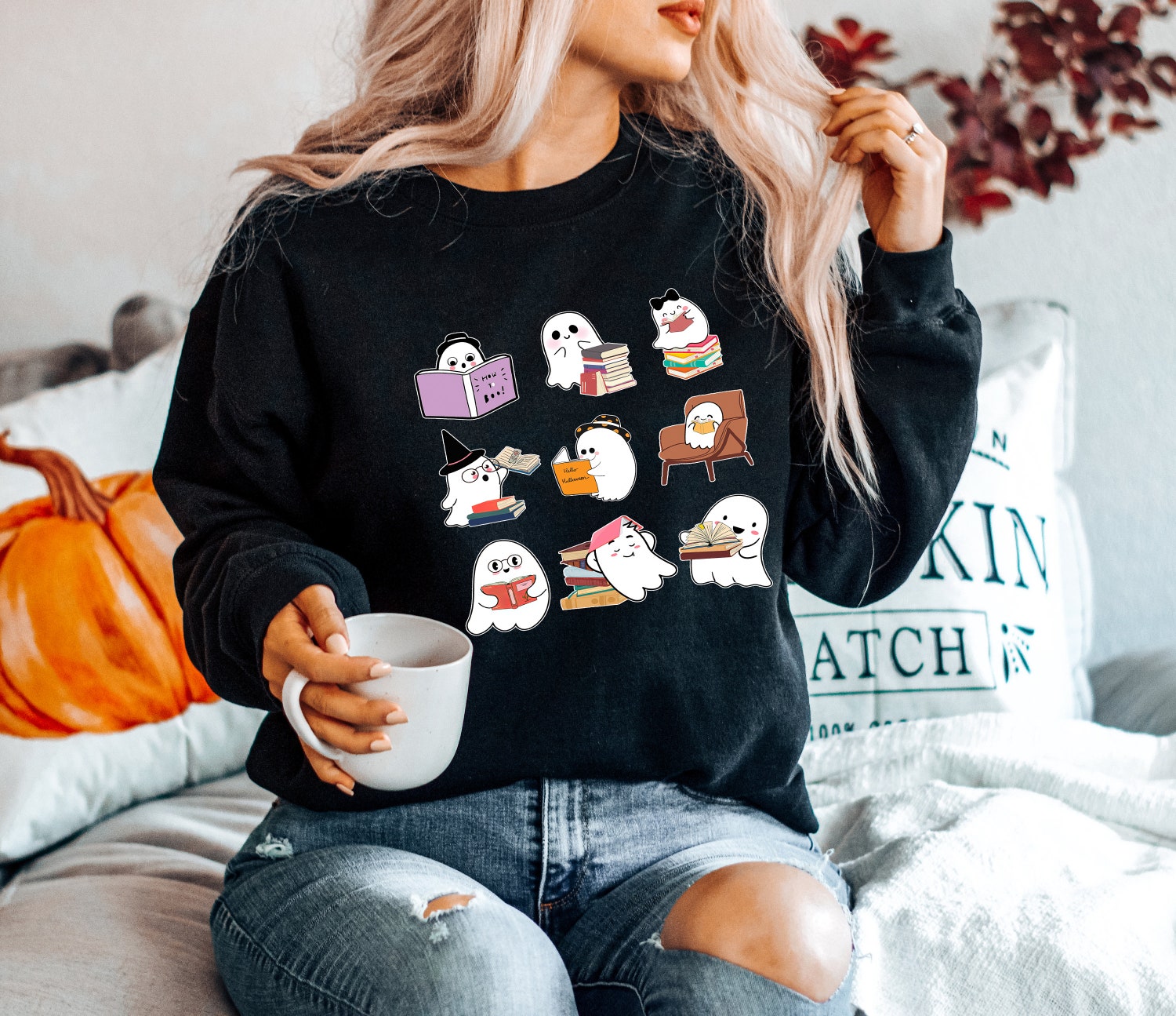 Cute Ghost Sweatshirt Halloween Teacher Shirt Book Lovers Gift Ghost Reading Books Tee image 5