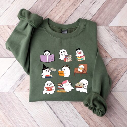 Cute Ghost Sweatshirt Halloween Teacher Shirt Book Lovers Gift Ghost Reading Books Tee image 0