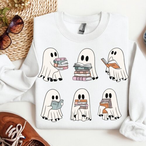 Halloween Sweatshirt Retro Ghosts Reading Books Teacher Librarian Gift Spooky Season Trendy Book Lover Shirt image 0