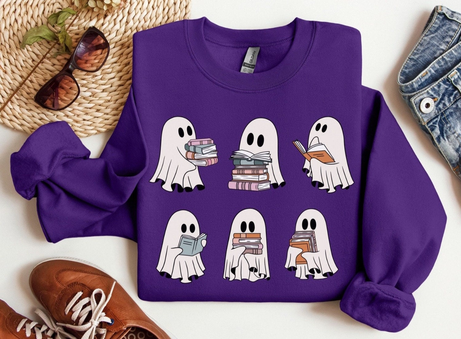 Halloween Sweatshirt Retro Ghosts Reading Books Teacher Librarian Gift Spooky Season Trendy Book Lover Shirt image 1