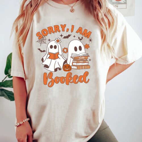 Halloween Book Shirt Sorry I'm Booked Ghost Book Tee Book Lover Gift Bookworm Shirt image 0