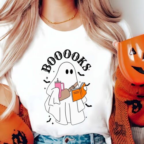 Cute Ghost Book Shirt Halloween Book Lover Tee Bookworm & Book Club Gift image 0