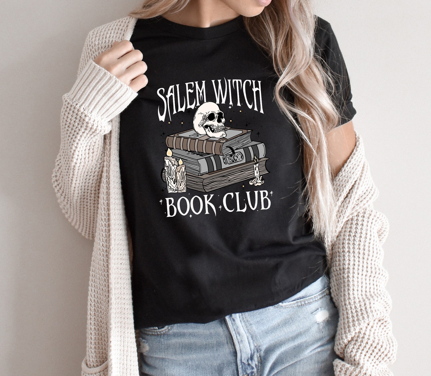 Salem Witch Book Club Halloween Shirt Spooky Book Lover Tee Skeleton Thriller Reader image 2