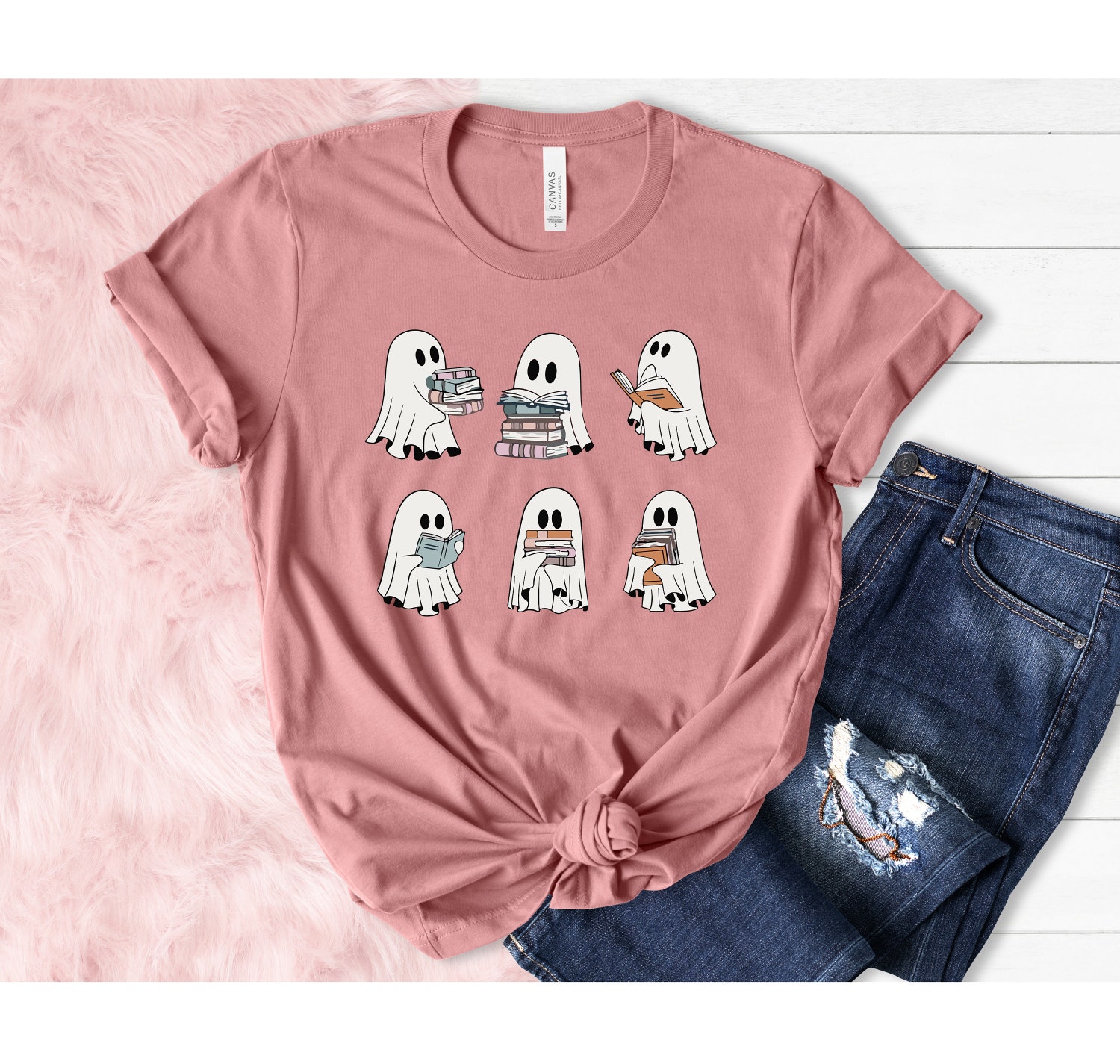 Halloween Cute Ghosts Reading Books Shirt Family Halloween Shirt Book Lover Halloween Tee image 3