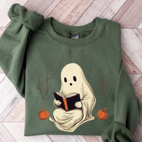 Ghost Reading Halloween Sweatshirt for Teachers Librarian Fall Book Lover Shirt Teacher Gift image 0