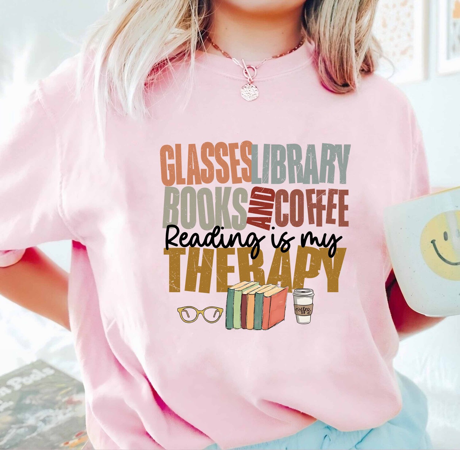 Book Lover Shirt Reading Is My Therapy Coffee and Books Gift Bookworm Club Tee image 1