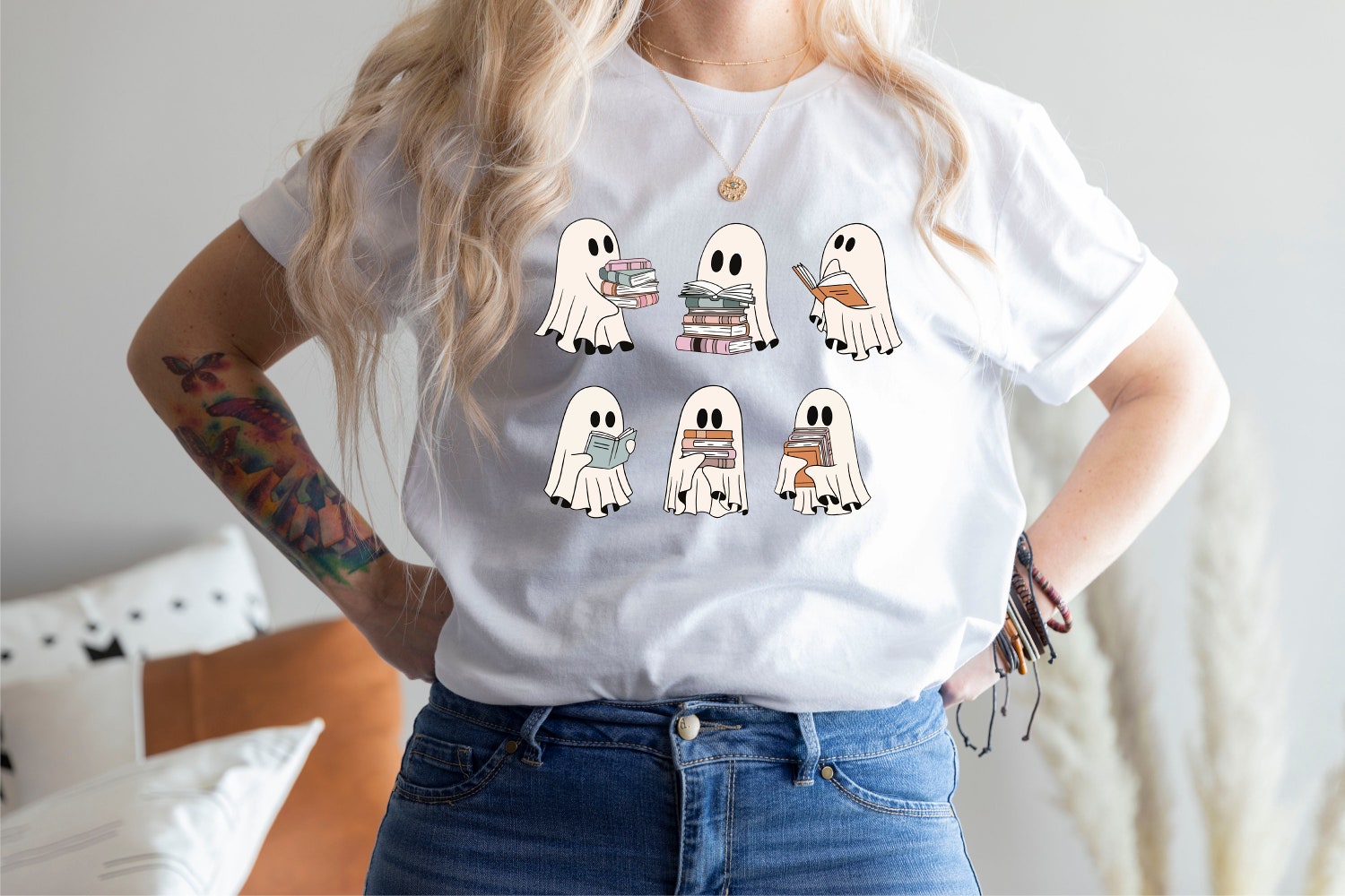 Ghost Reading Books Halloween Shirt for Teachers and Librarians Cute Halloween Sweatshirt image 2