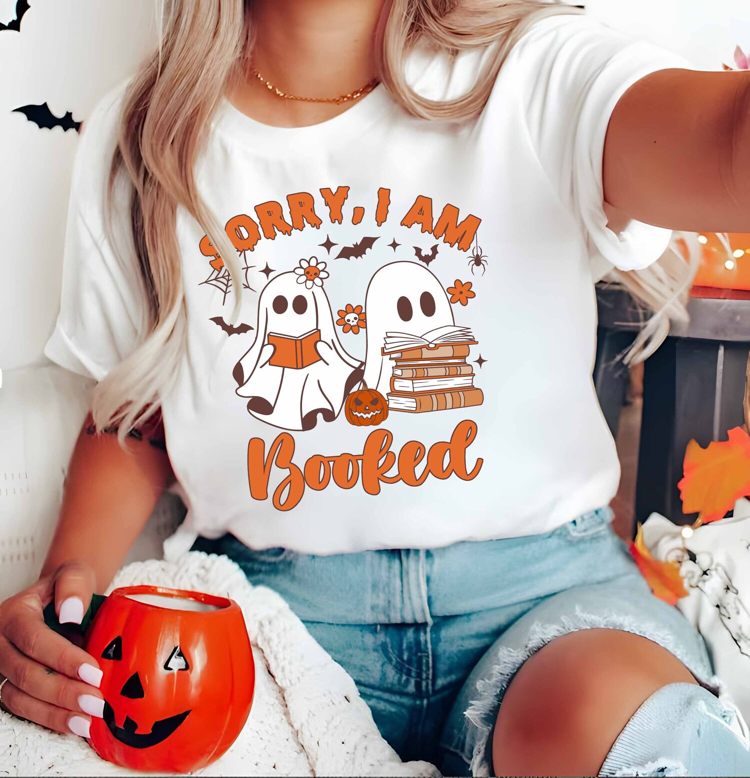 Halloween Book Shirt Sorry I'm Booked Ghost Book Tee Book Lover Gift Bookworm Shirt image 2