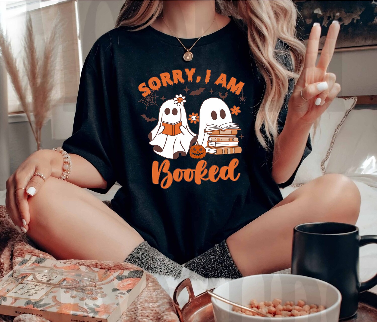 Halloween Book Shirt Sorry I'm Booked Ghost Book Tee Book Lover Gift Bookworm Shirt image 1