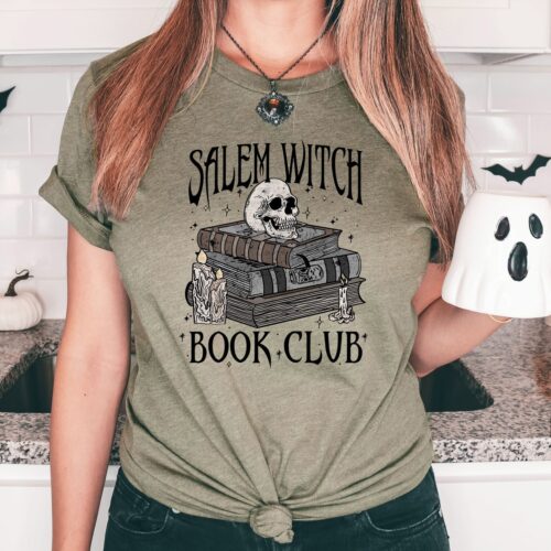 Salem Witch Book Club Halloween Shirt Spooky Book Lover Tee Skeleton Thriller Reader image 0