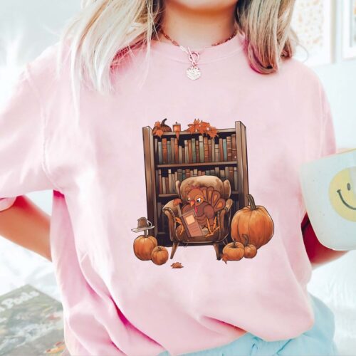 Thanksgiving Book Shirt Turkey Reading Design Autumn Fall Vibes Tee for Book Lovers & Bookworms image 0