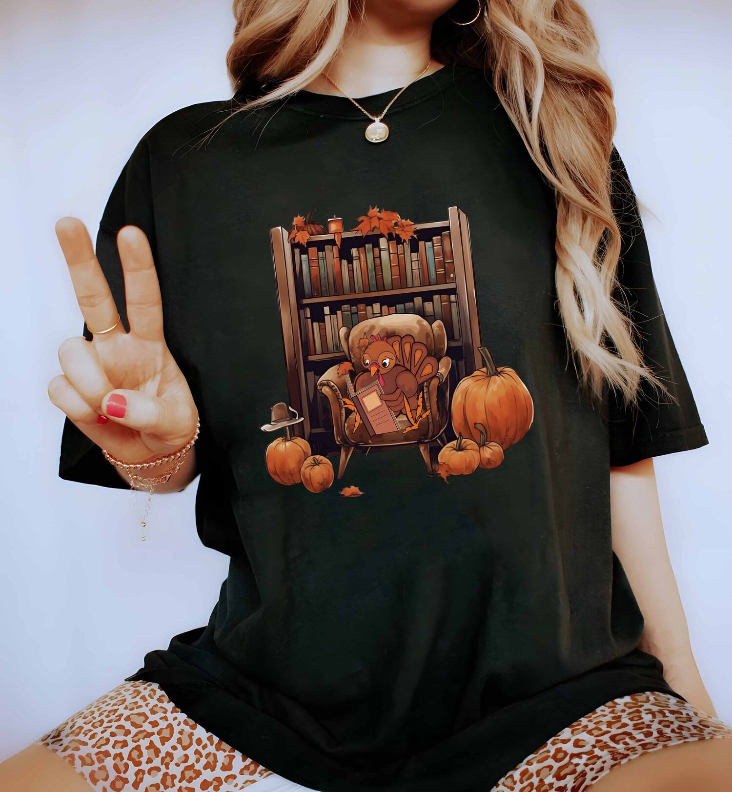 Thanksgiving Book Shirt Turkey Reading Design Autumn Fall Vibes Tee for Book Lovers & Bookworms image 1