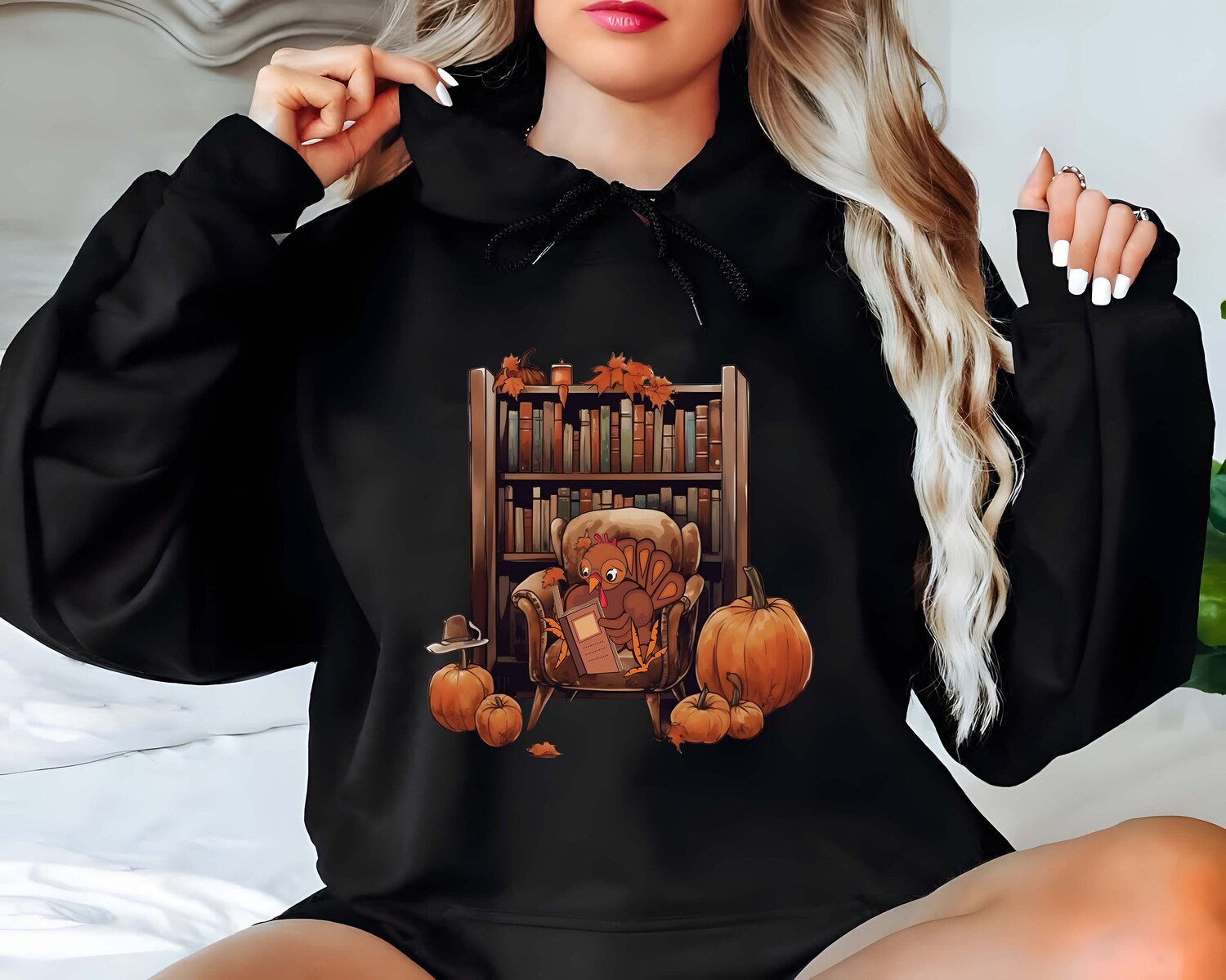 Thanksgiving Reading Hoodie Turkey Book Design Retro Pumpkin Book Lover Gift Halloween image 1