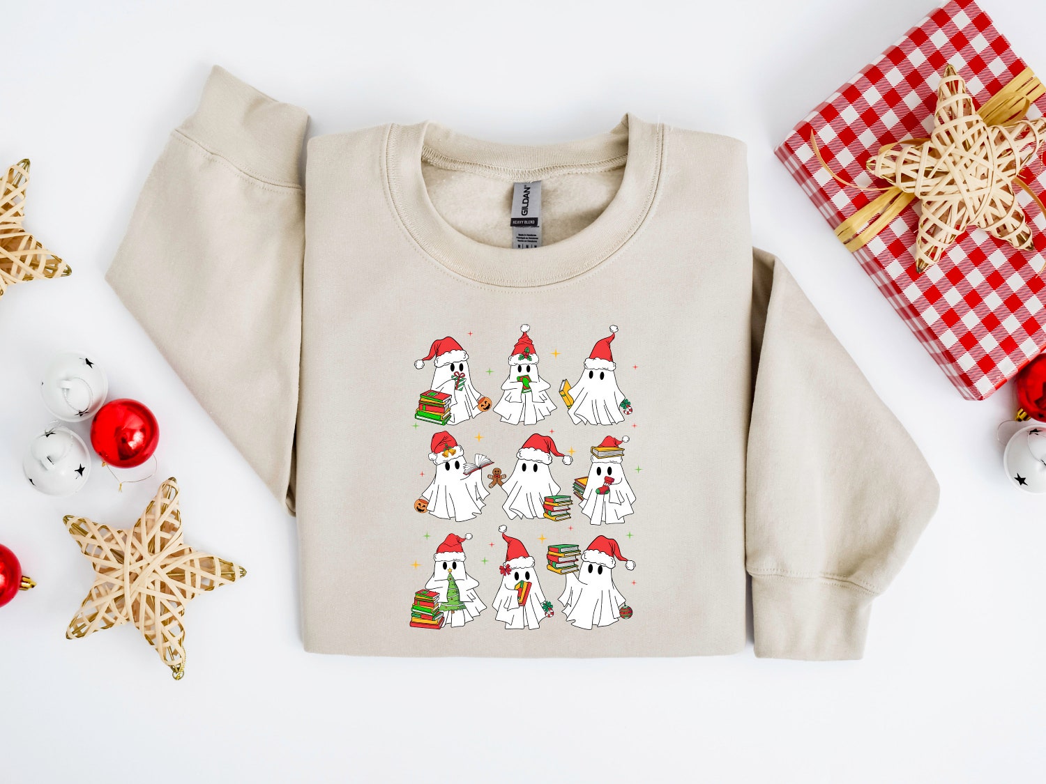 Cute Christmas Ghost Sweatshirt Reading Book Holiday Sweater Christmas Books Shirt image 2