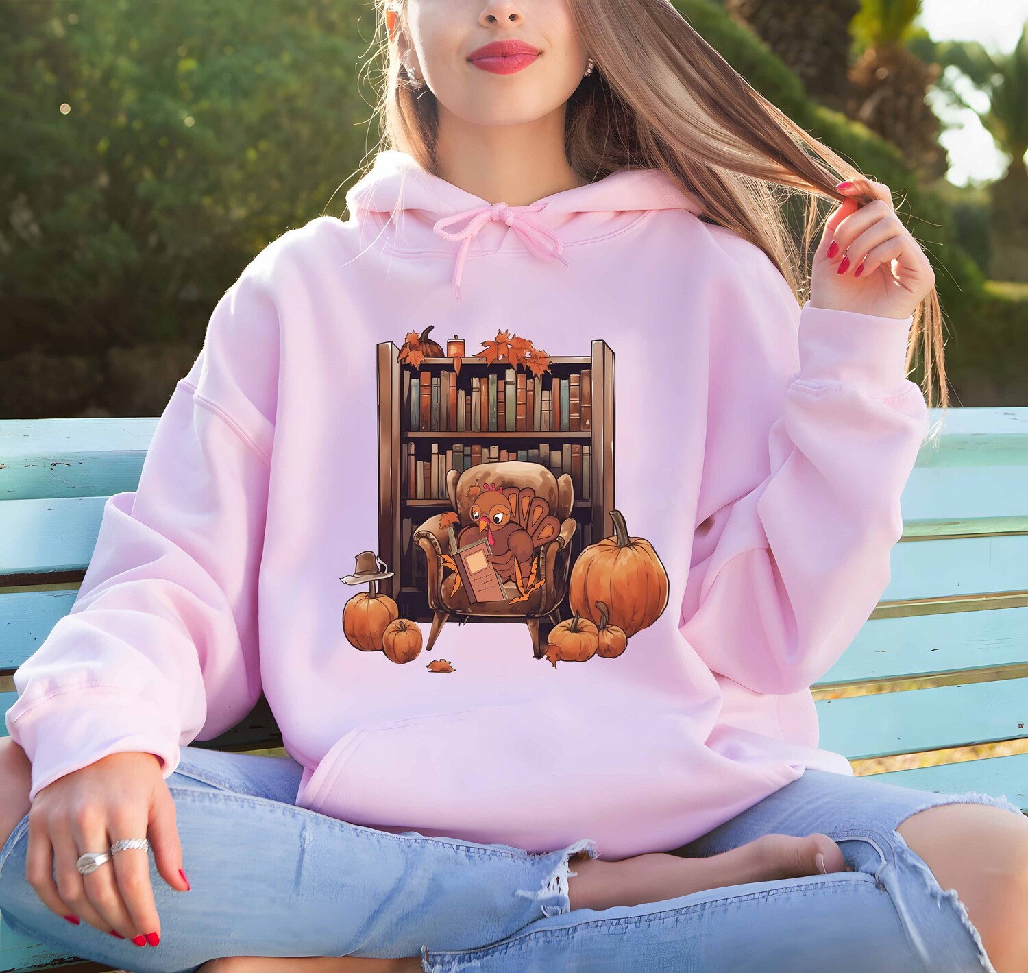 Thanksgiving Reading Hoodie Turkey Book Design Retro Pumpkin Book Lover Gift Halloween image 2