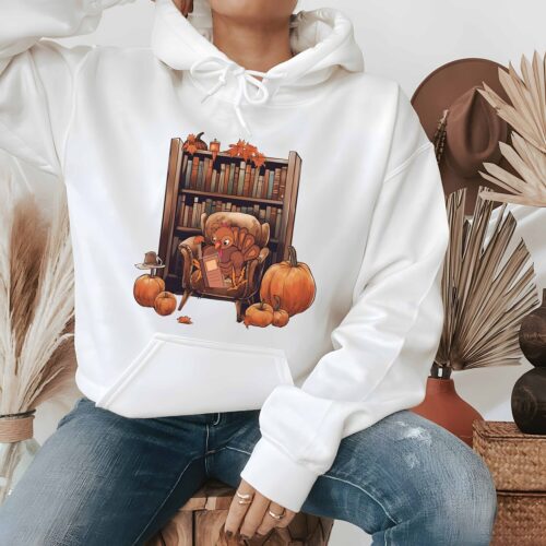 Thanksgiving Reading Hoodie Turkey Book Design Retro Pumpkin Book Lover Gift Halloween image 0