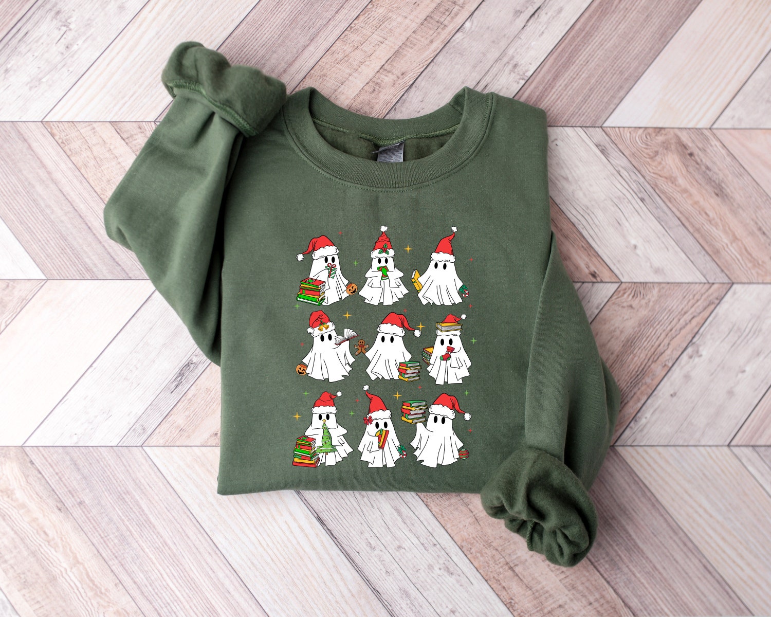 Cute Christmas Ghost Sweatshirt Reading Book Holiday Sweater Christmas Books Shirt image 1