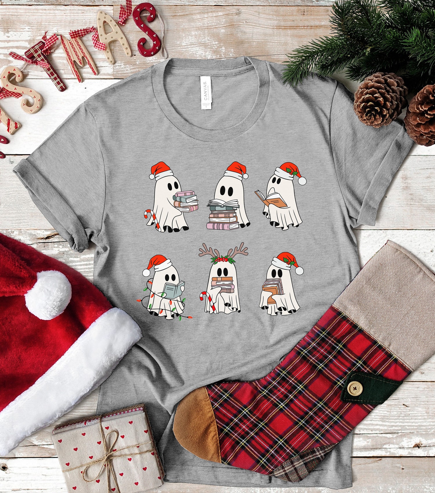 Christmas Retro Ghosts Reading Books T-Shirts Sweatshirts Teacher Librarian Gift image 1