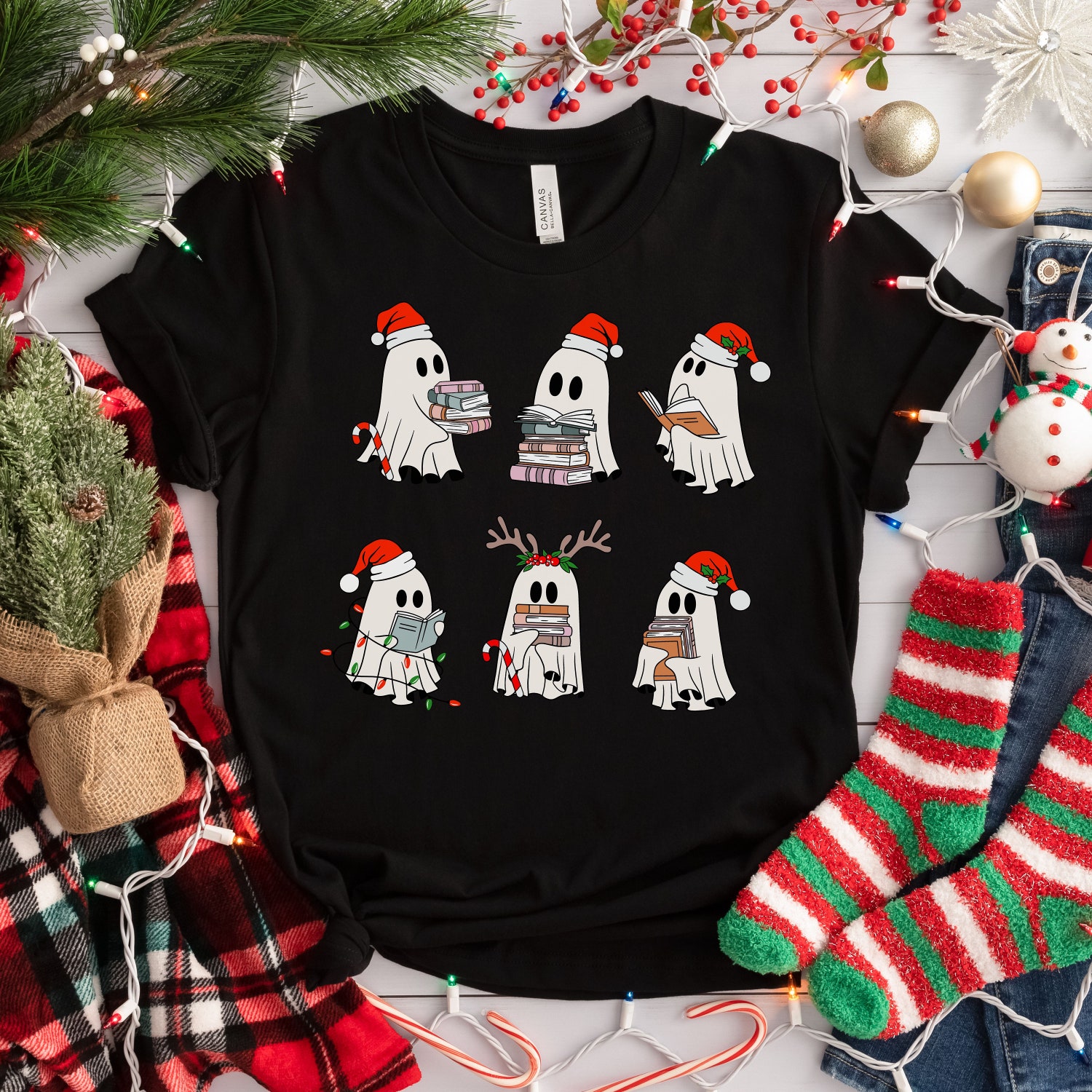 Christmas Retro Ghosts Reading Books T-Shirts Sweatshirts Teacher Librarian Gift image 6