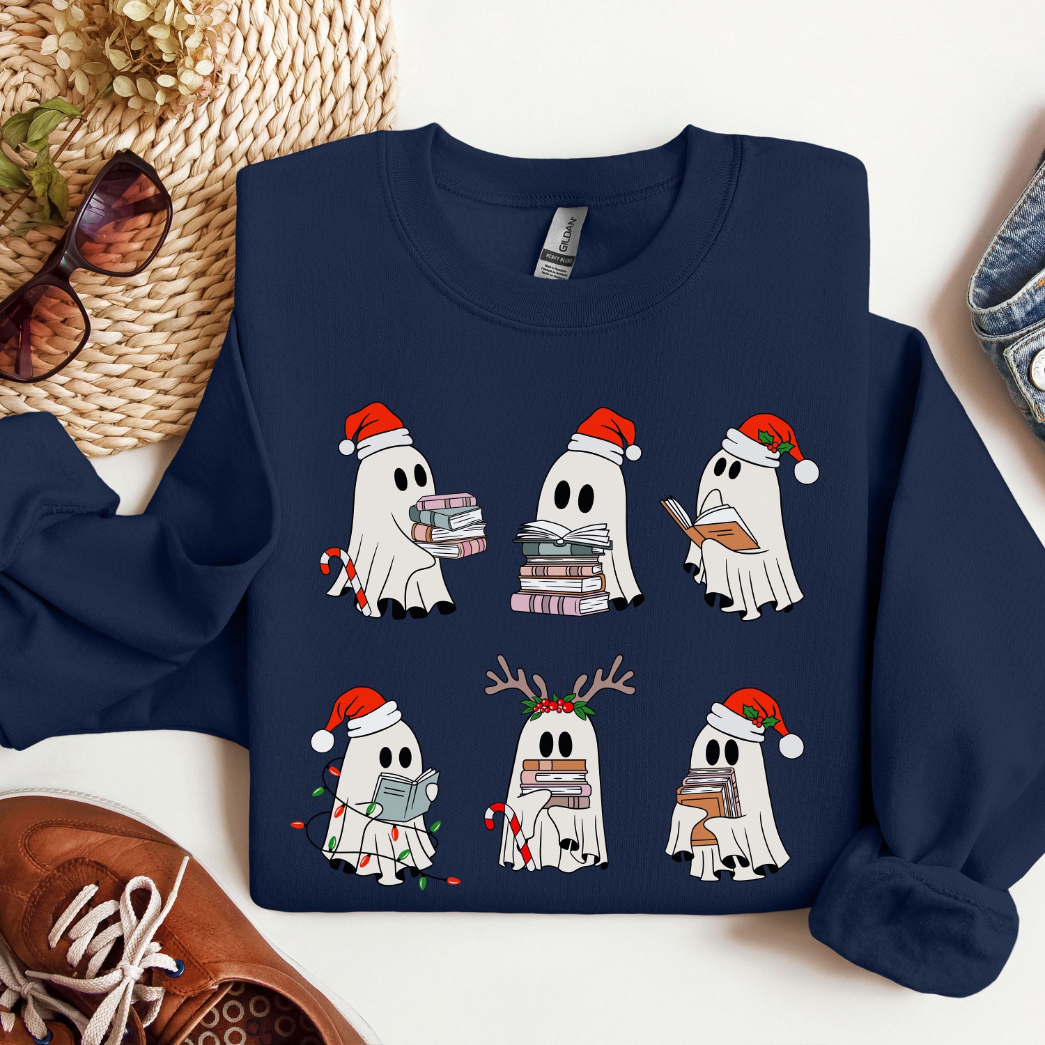 Retro Christmas Ghosts Reading Books T-Shirts Teacher Librarian Gifts Winter Book Lover Apparel image 4