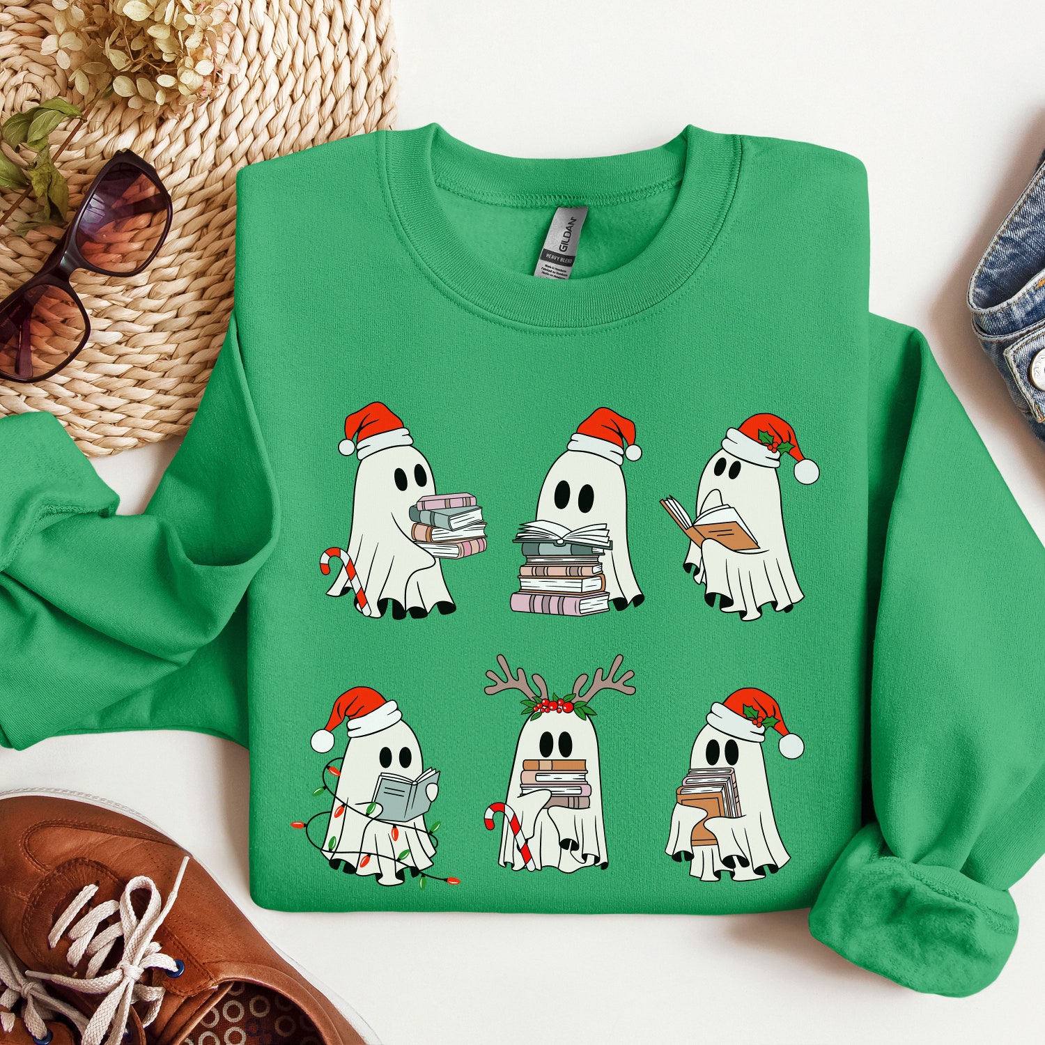 Christmas Retro Ghosts Reading Books T-Shirts Sweatshirts Teacher Librarian Gift Winter Trendy Book Lover Shirts image 4