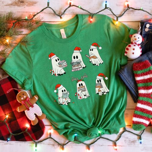 Christmas Retro Ghosts Reading Books T-Shirts Sweatshirts Teacher Librarian Gift Winter Trendy Book Lover Shirts image 0