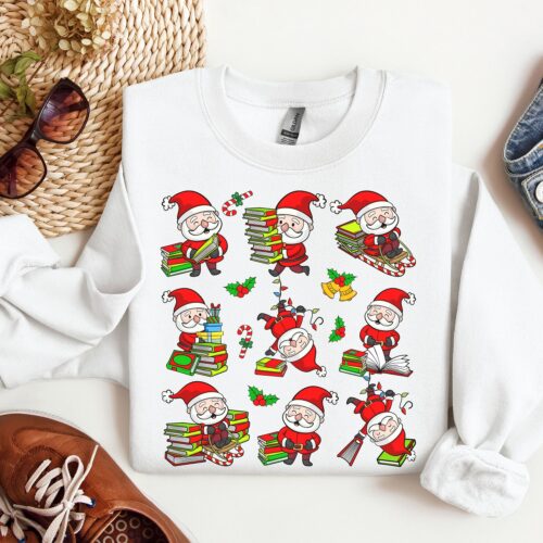 Christmas Retro Santa Reading Books T-Shirts Sweatshirts Teacher Librarian Gift image 0