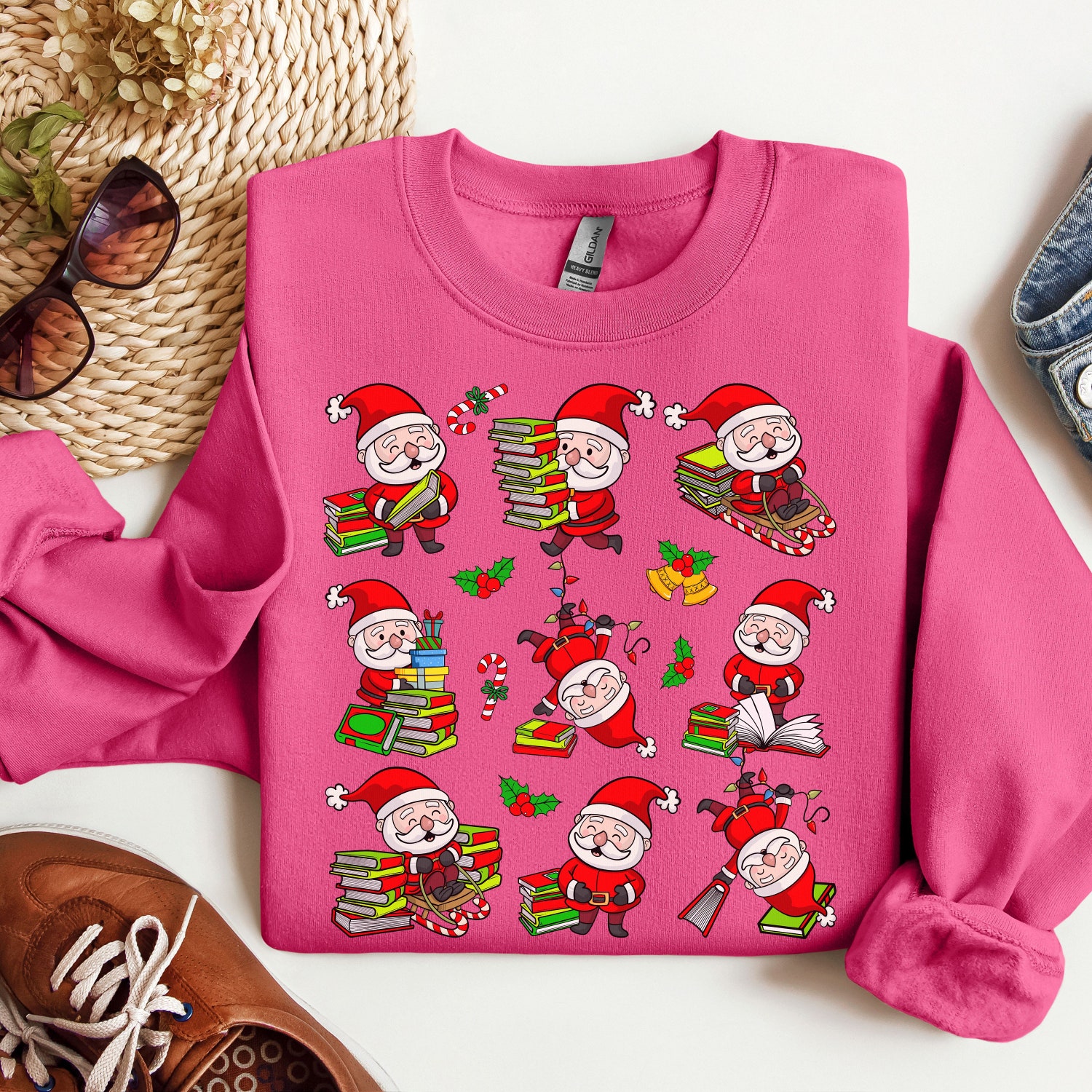 Christmas Retro Santa Reading Books T-Shirts Sweatshirts Teacher Librarian Gift image 3