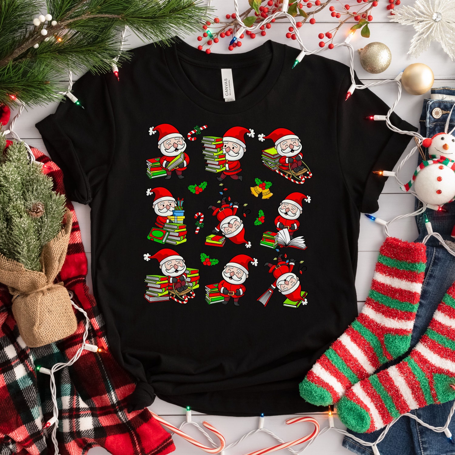 Retro Santa Reading Books Christmas T-Shirt Sweatshirt Teacher Librarian Gift Winter Book Lover Shirt image 3