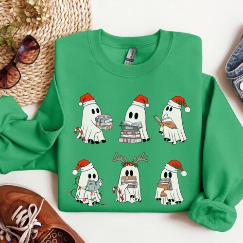 Retro Christmas Ghosts Reading Books T-Shirts Teacher Librarian Gifts Winter Book Lover Apparel image 0