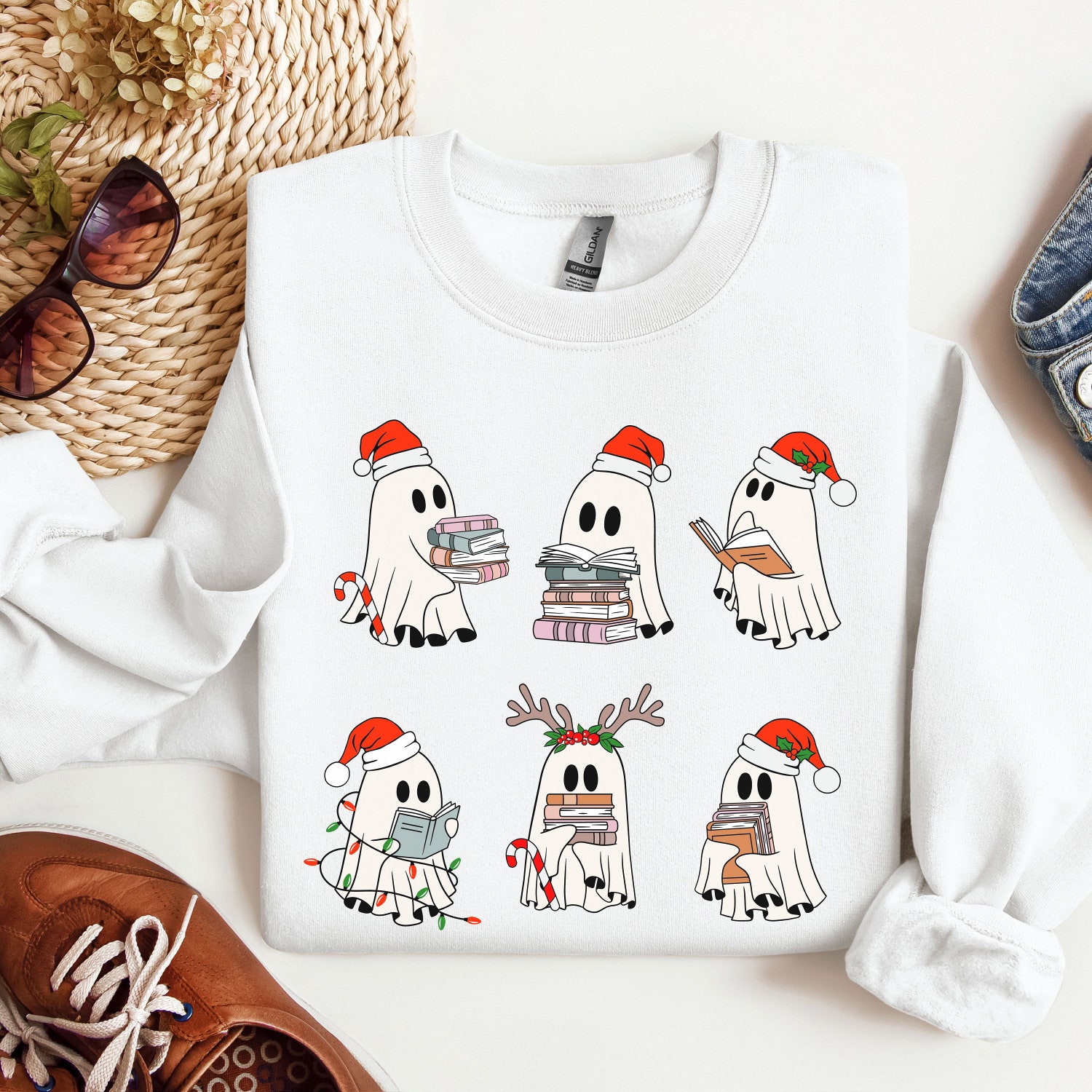 Christmas Retro Ghosts Reading Books T-Shirts Sweatshirts Teacher Librarian Gift Winter Trendy Book Lover Shirts image 3