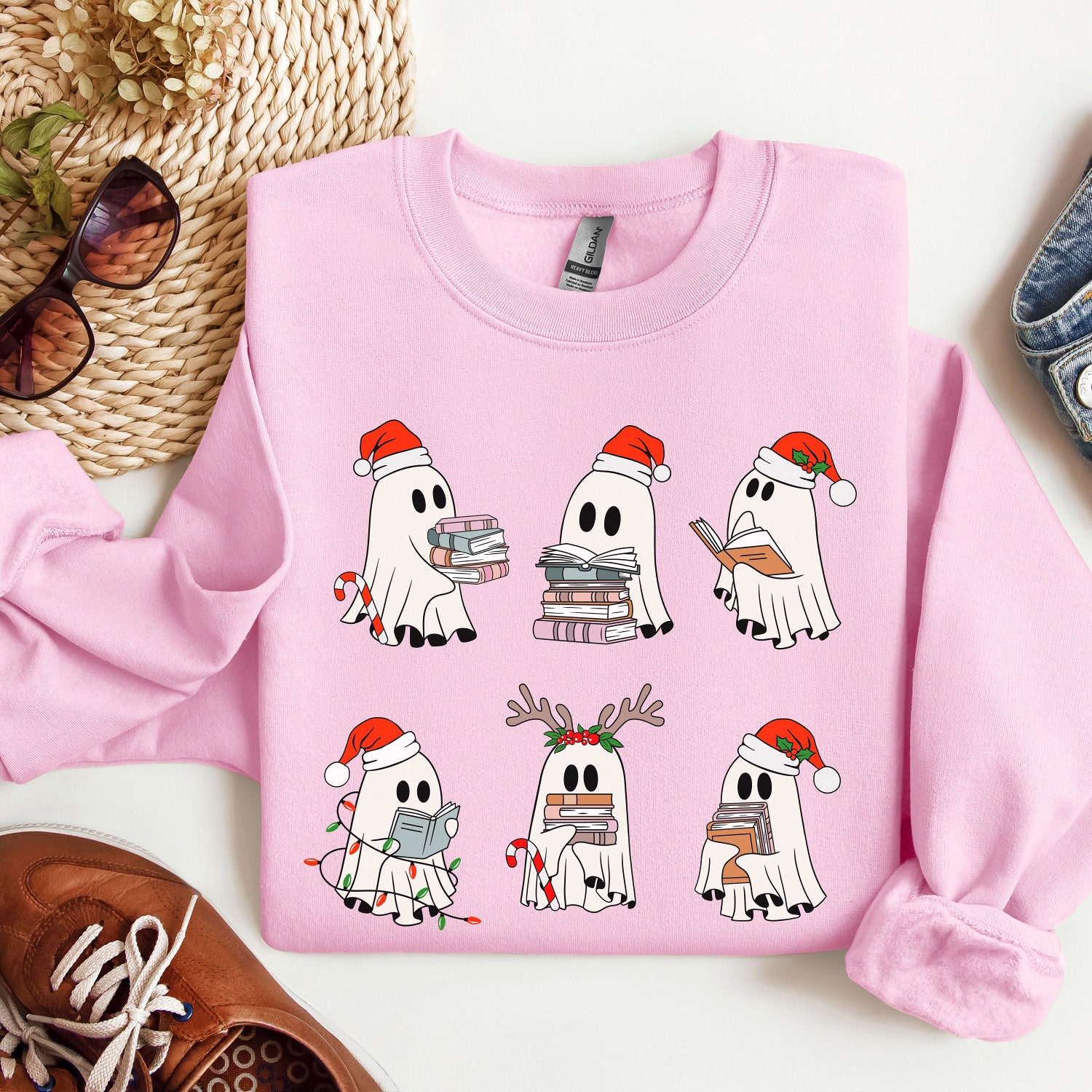 Christmas Retro Ghosts Reading Books T-Shirts Sweatshirts Teacher Librarian Gift Winter Trendy Book Lover Shirts image 6