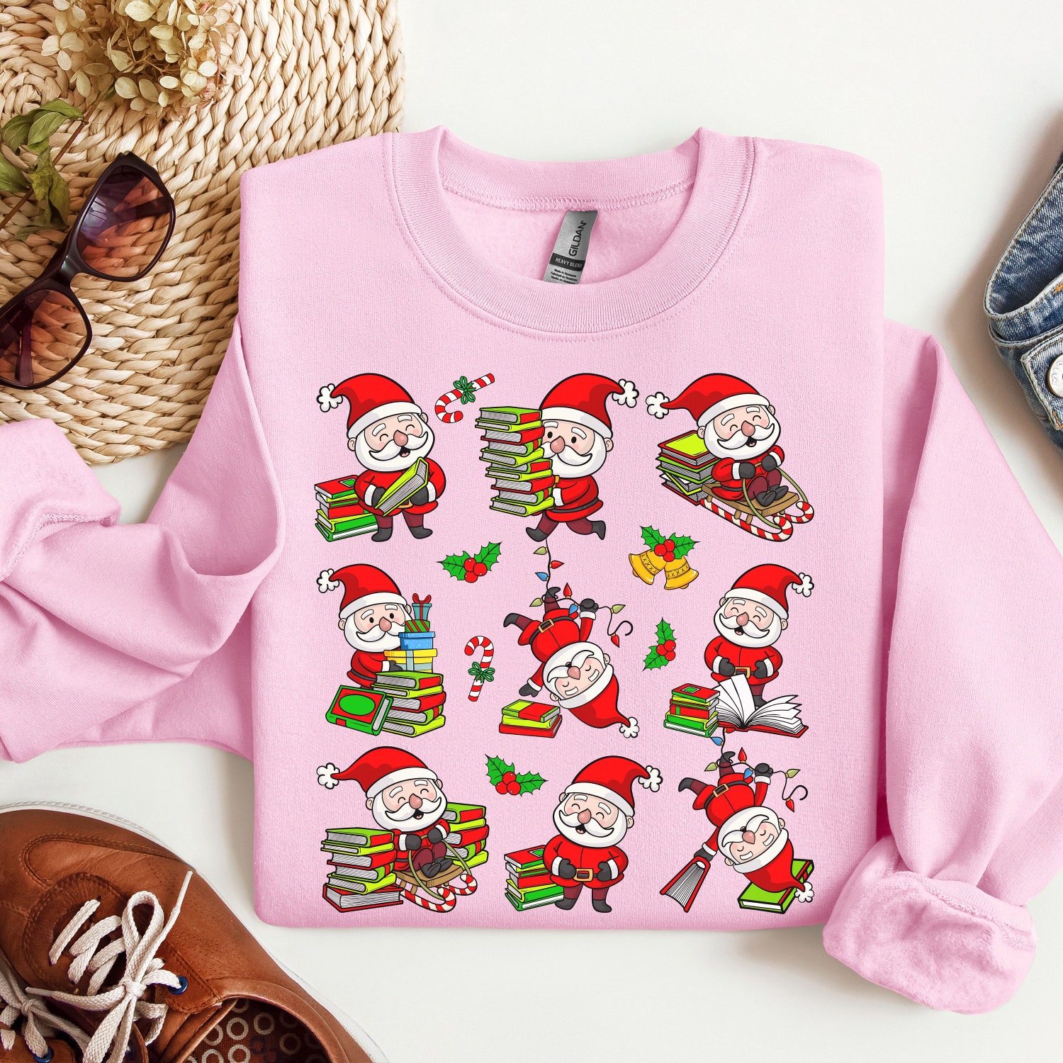 Christmas Retro Santa Reading Books T-Shirts Sweatshirts Teacher Librarian Gift image 2