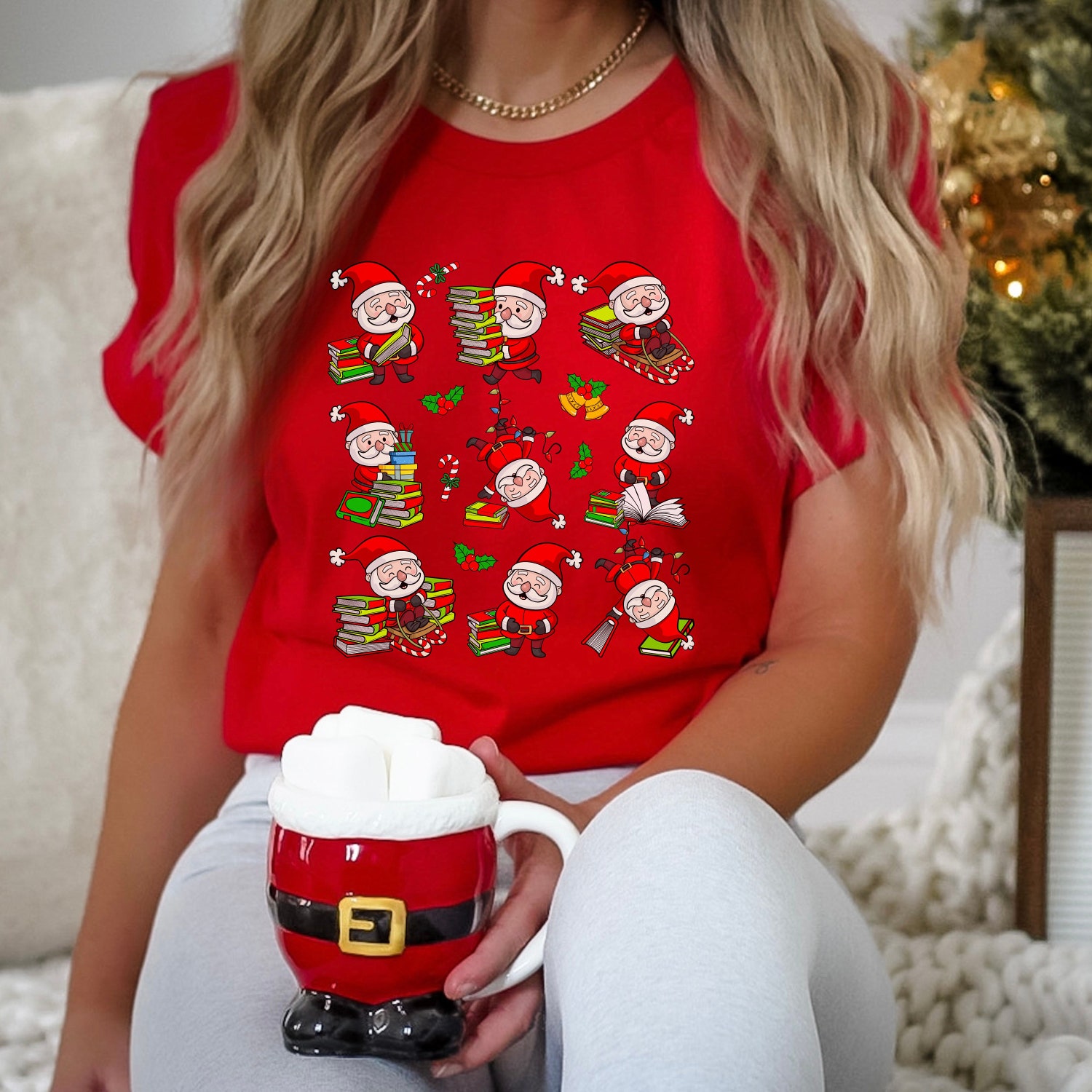 Christmas Retro Santa Reading Books T-Shirts Sweatshirts Teacher Librarian Gift image 6